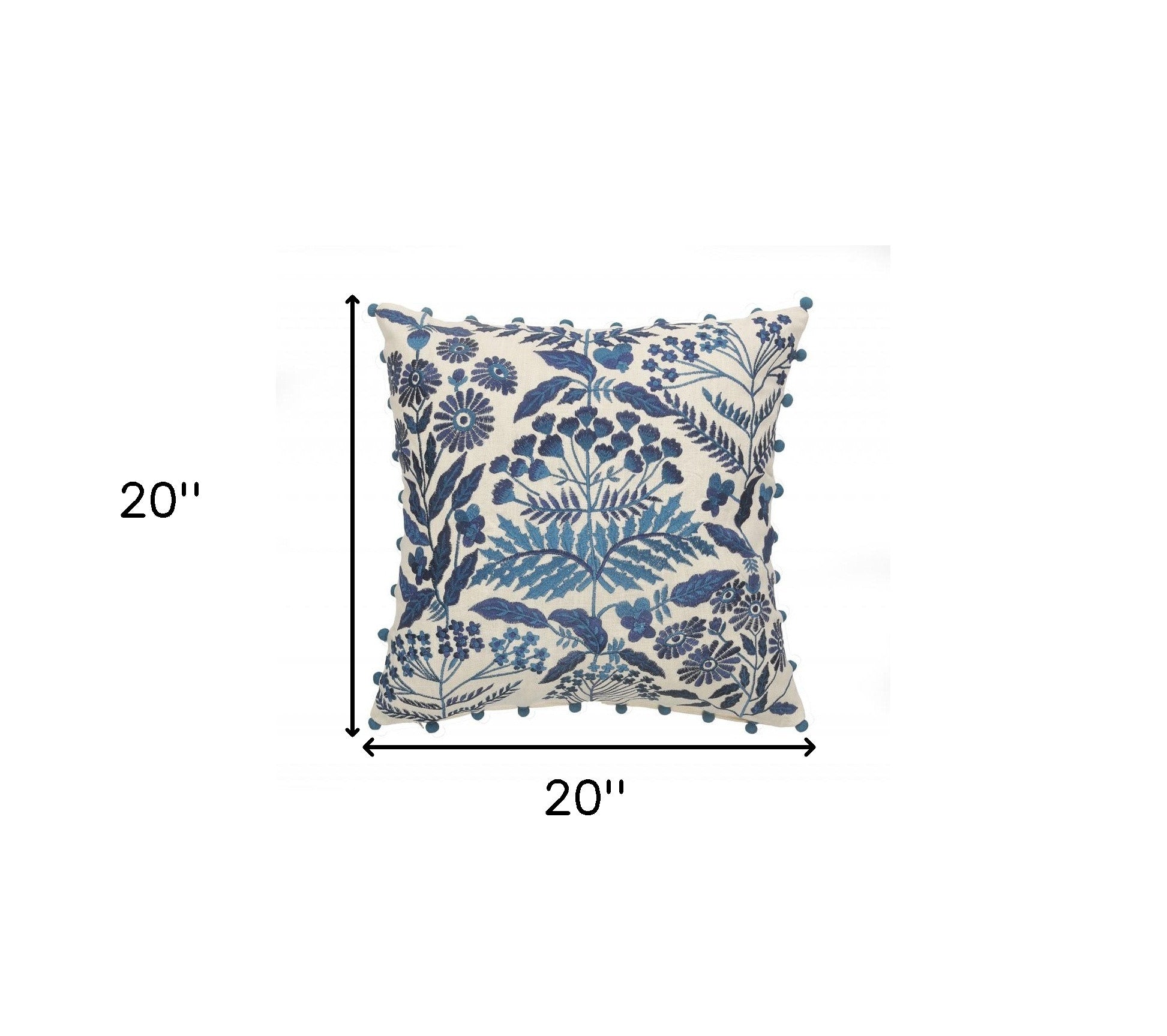 20" X 20" Navy And Off-White 100% Cotton Floral Zippered Pillow