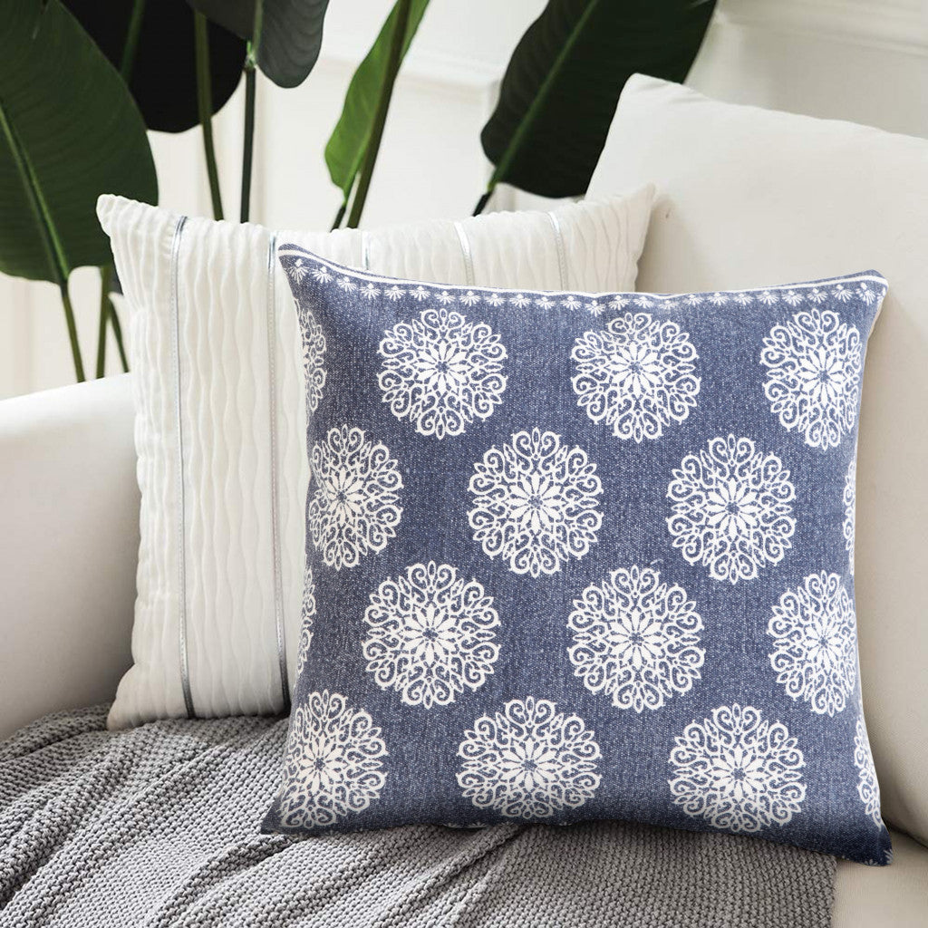 Set Of Two 20" X 20" Blue Floral Zippered 100% Cotton Throw Pillow