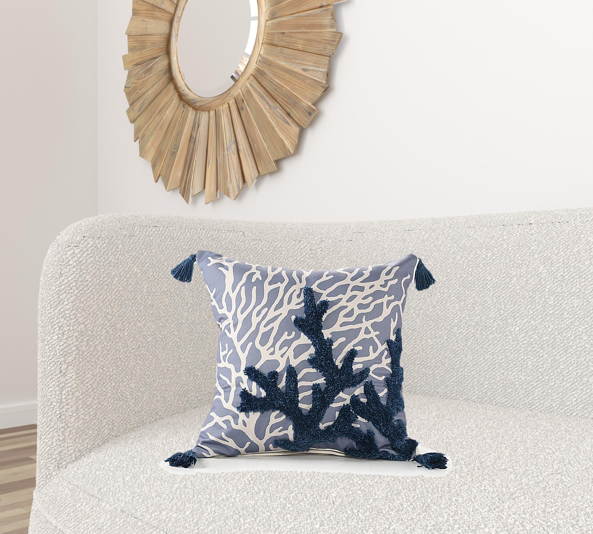 Set Of Two 20" X 20" Blue Floral Zippered Polyester Throw Pillow