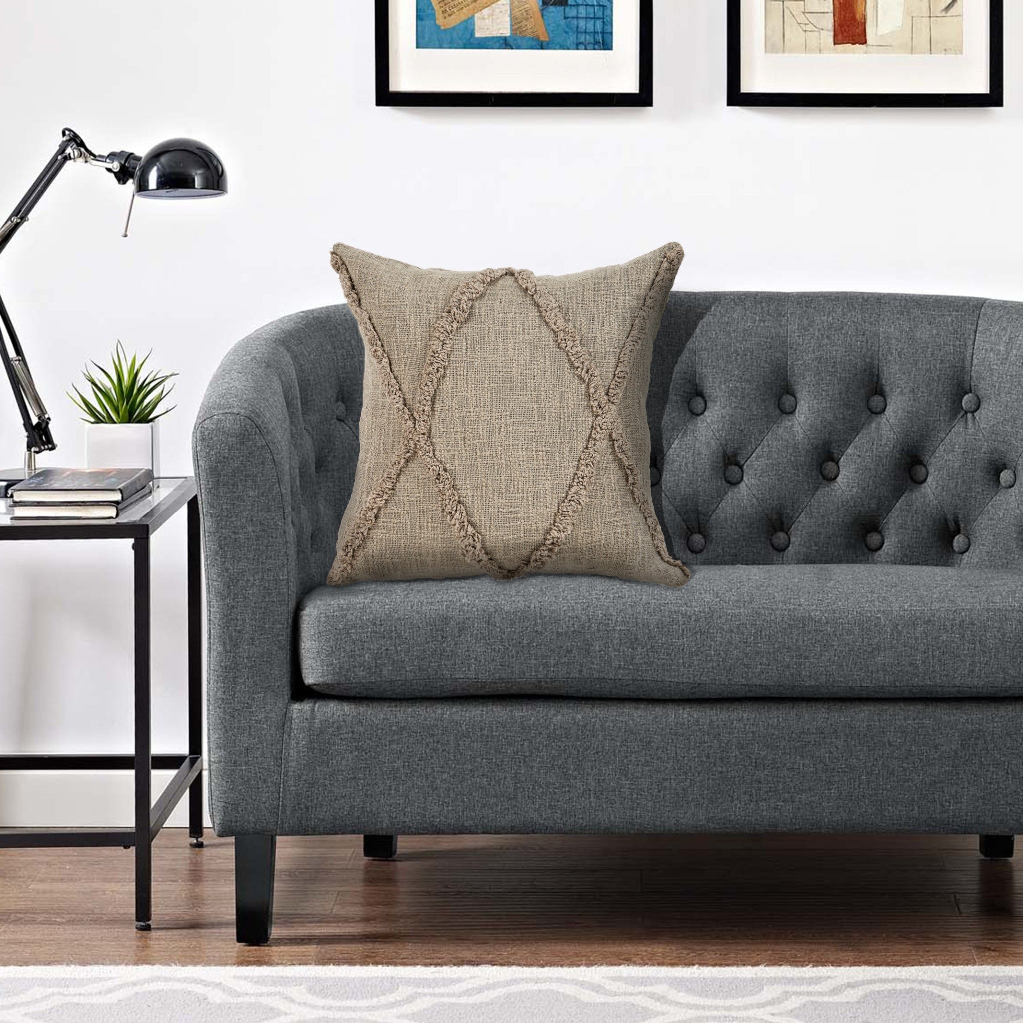 Gray Geometric Zippered 100% Cotton Throw Pillow Set Of Two 20" X 20"