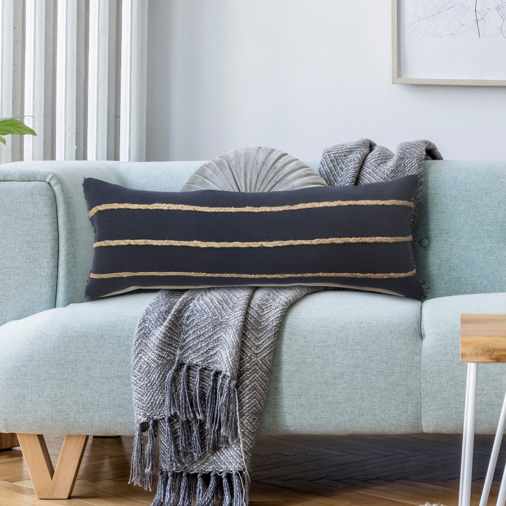 Set Of Two 14" X 36" Blue Solid Color Zippered 100% Cotton Throw Pillow