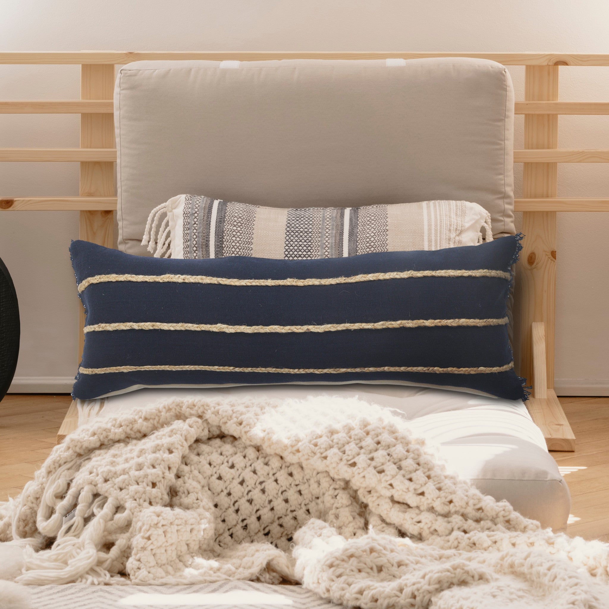 Set Of Two 14" X 36" Blue Solid Color Zippered 100% Cotton Throw Pillow