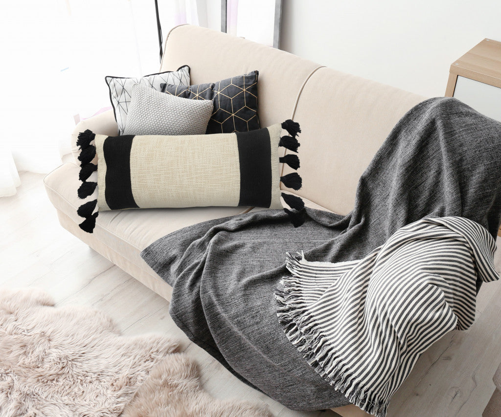 Set Of Two 20" X 20" Black Striped Zippered 100% Cotton Throw Pillow