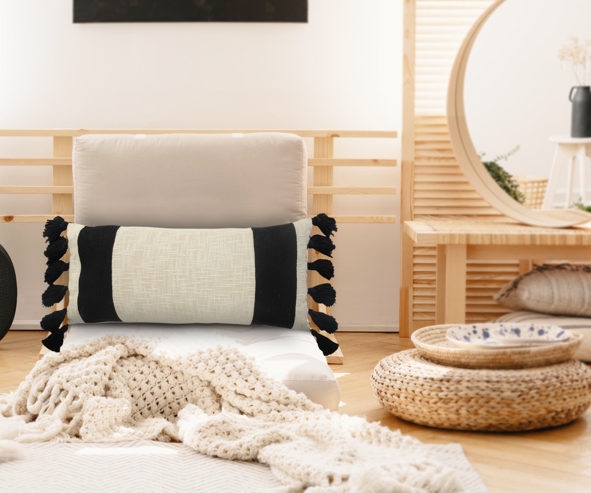 Set Of Two 20" X 20" Black Striped Zippered 100% Cotton Throw Pillow