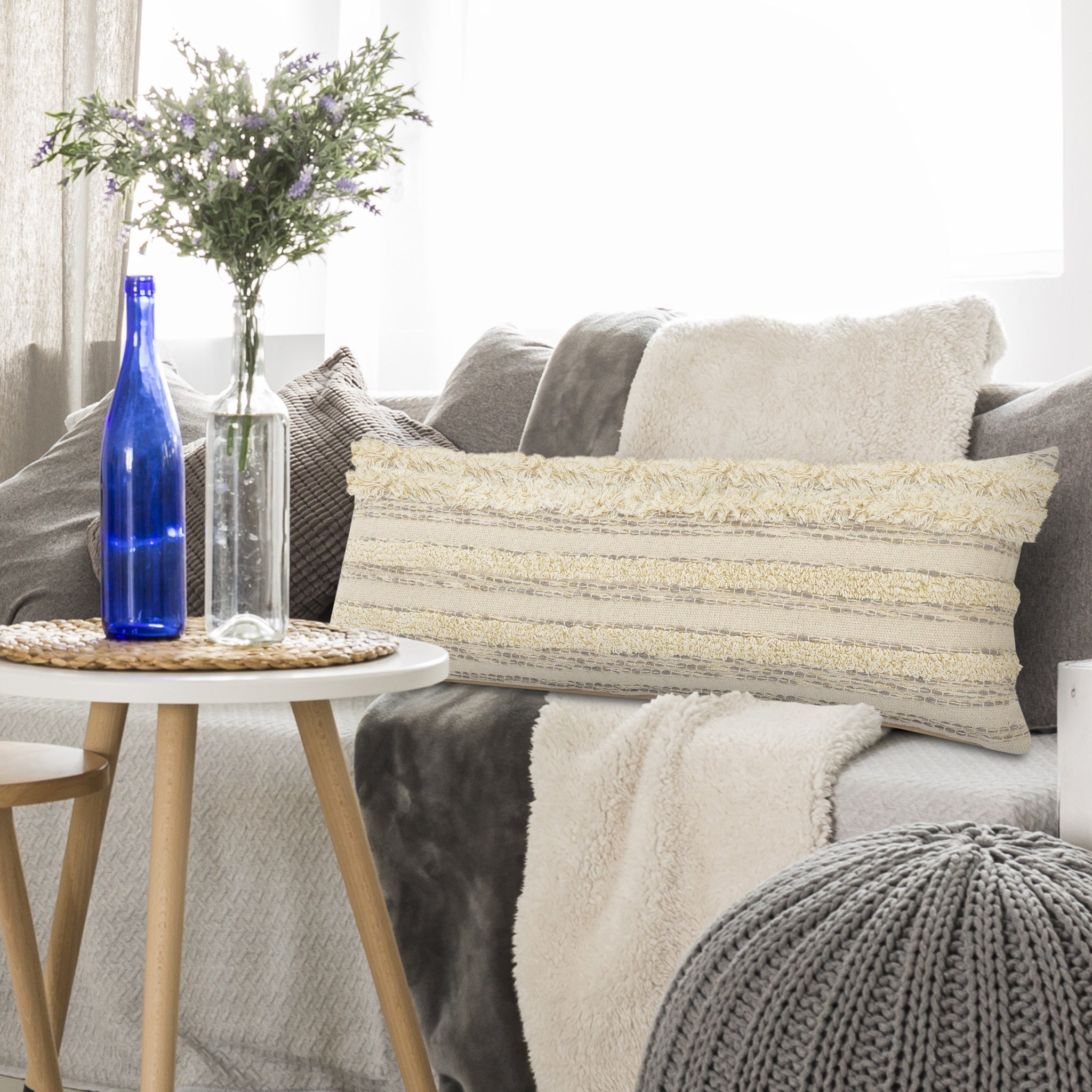 兩件套 20" X 20" 奶油色條紋拉鍊 100% 純棉抱枕