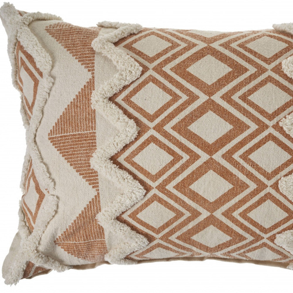 Set Of Two 14" X 36" Cream Geometric Zippered 100% Cotton Throw Pillow