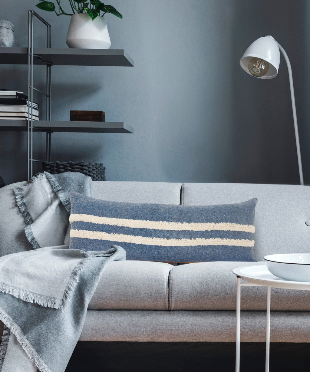 Blue Striped Zippered 100% Cotton Throw Pillow Set Of Two 20" X 20"