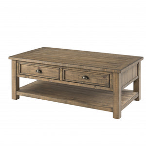 50" Natural Solid Wood Rectangular Distressed Coffee Table With Two Drawers And Shelf