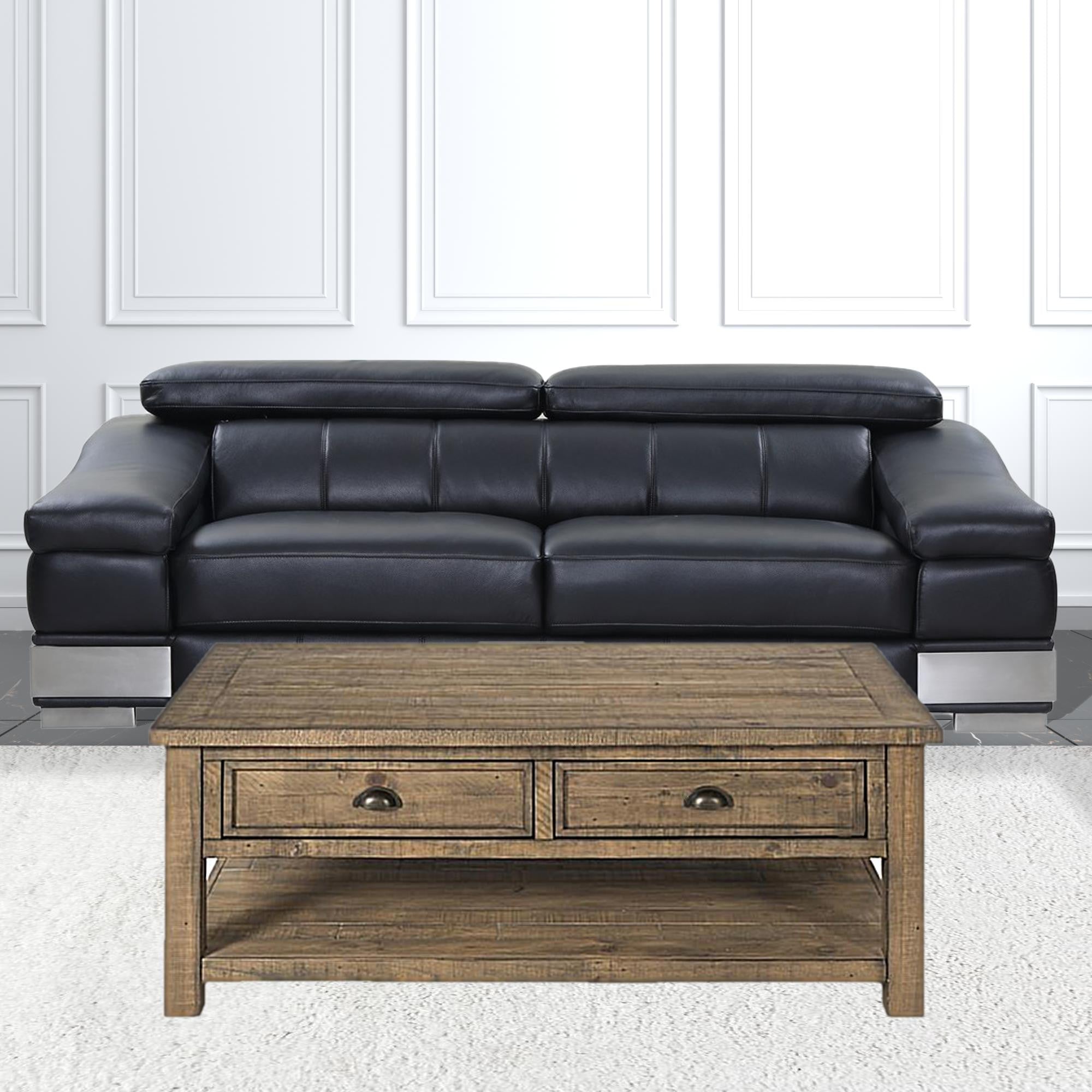 50" Natural Solid Wood Rectangular Distressed Coffee Table With Two Drawers And Shelf