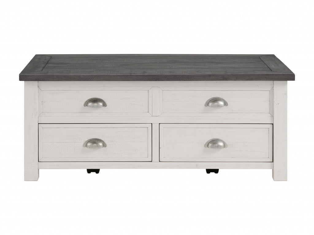 White And Grey Solid Wood Distressed Lift Top Coffee Table With Storage 48"