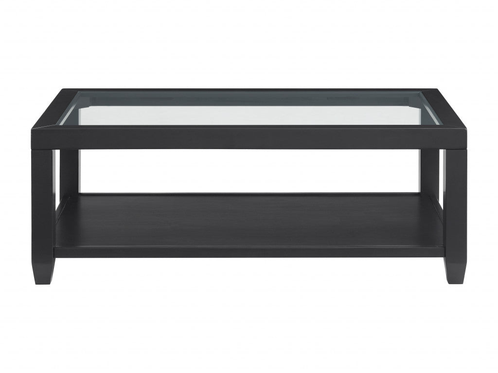 48" Black Glass Rectangular Coffee Table With Shelf