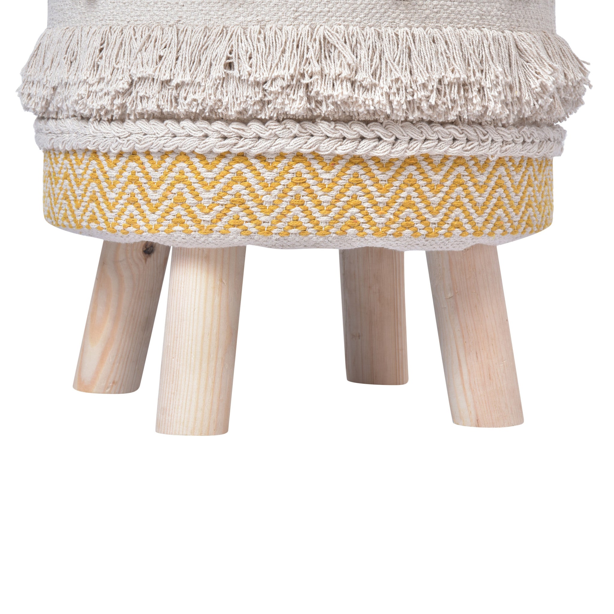 16" Yellow And Ivory Cotton And Natural Round Chevron Ottoman