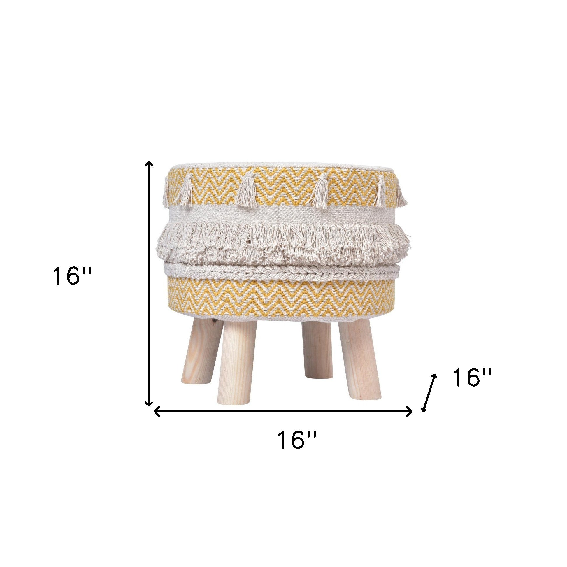 16" Yellow And Ivory Cotton And Natural Round Chevron Ottoman