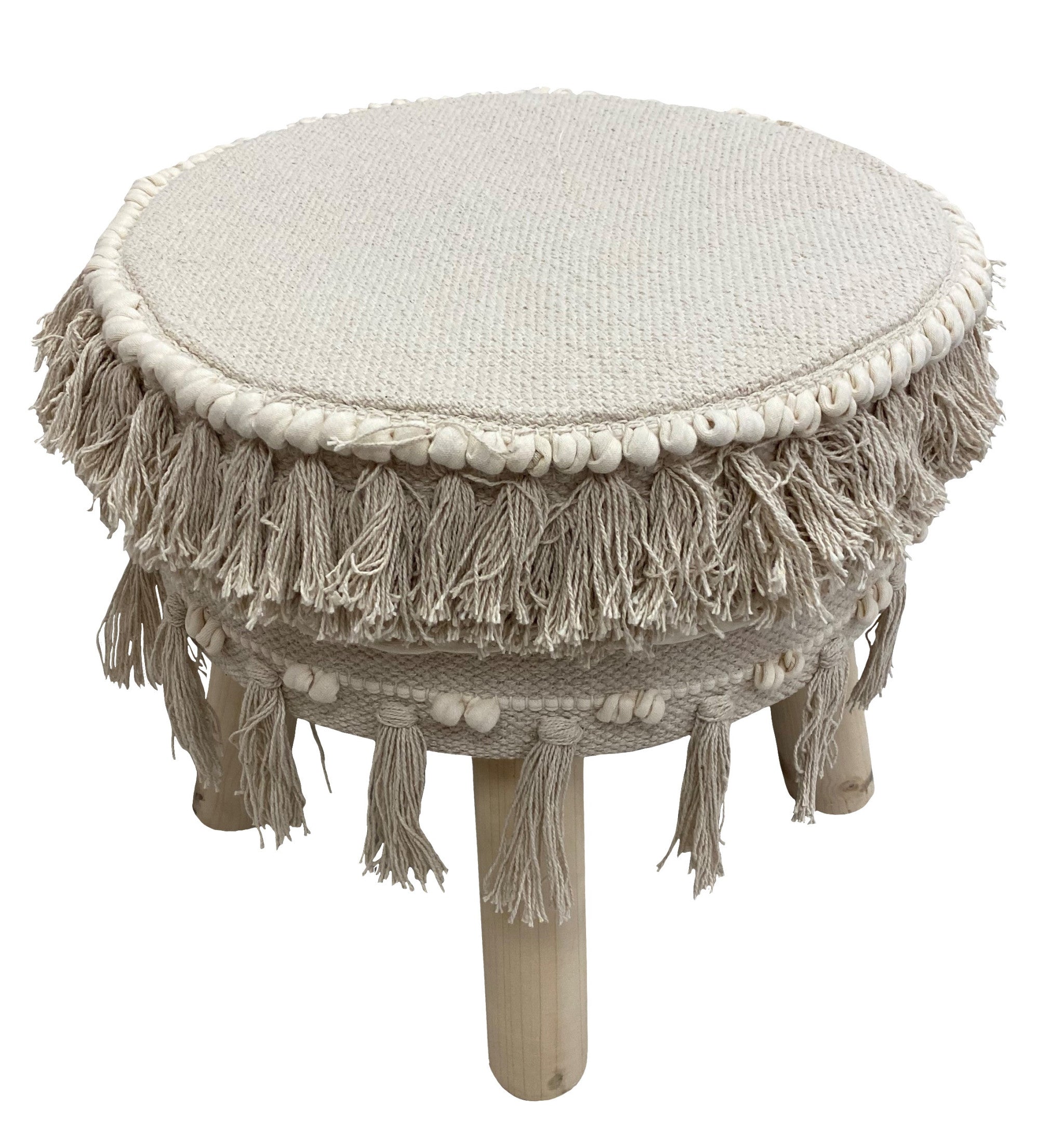16" Beige Textural Cotton And Natural Round Ottoman