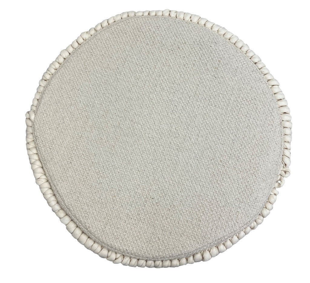 16" Beige Textural Cotton And Natural Round Ottoman