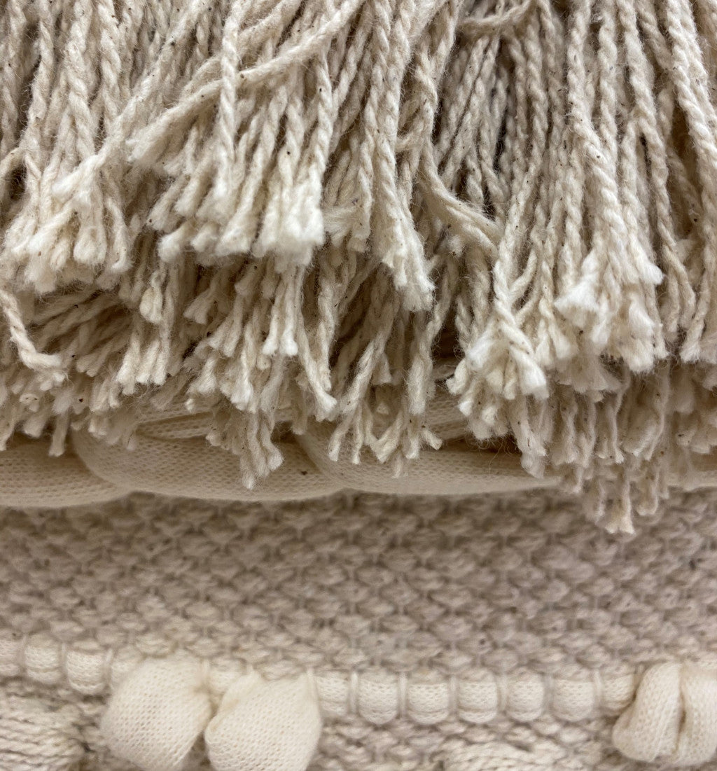 16" Beige Textural Cotton And Natural Round Ottoman