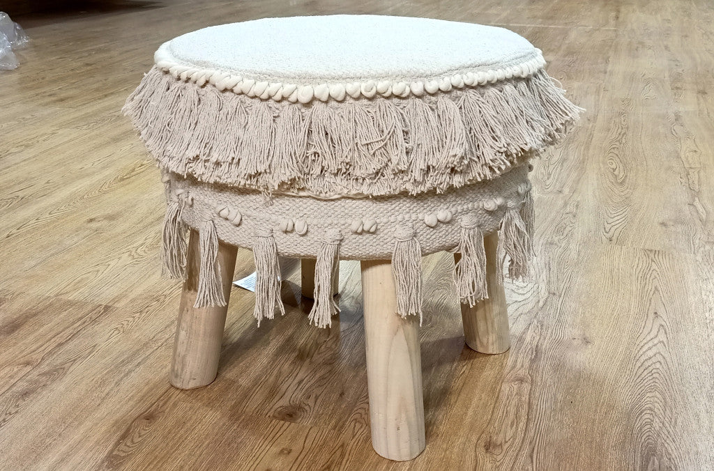 16" Beige Textural Cotton And Natural Round Ottoman