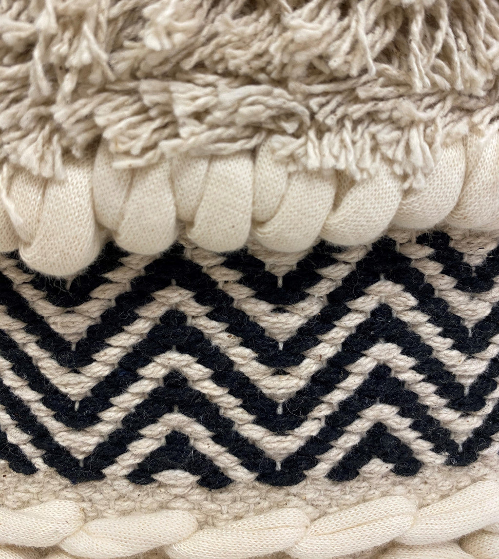 16" Beige And Black Cotton And Natural Round Chevron Ottoman