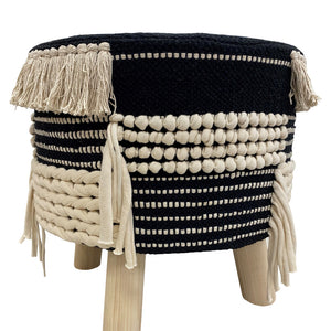 16" Beige And Black Cotton And Natural Round Striped Ottoman