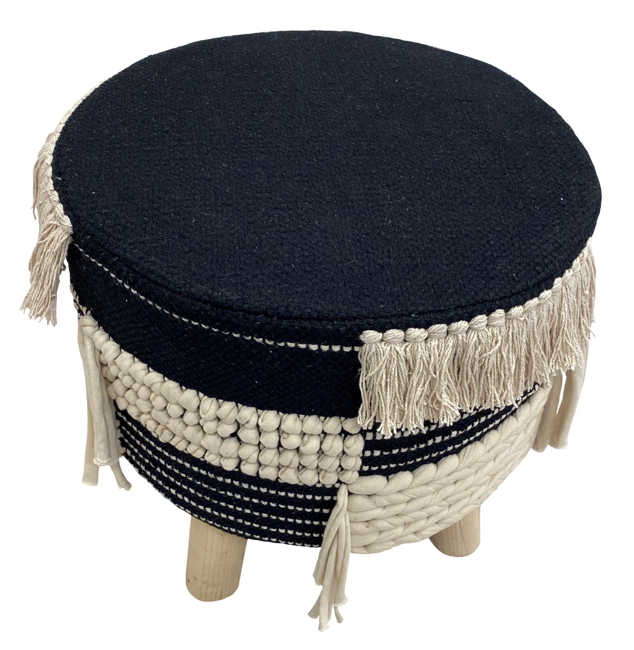 16" Beige And Black Cotton And Natural Round Striped Ottoman