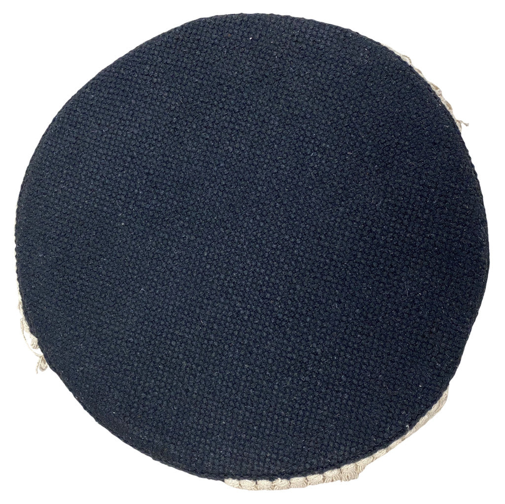 16" Beige And Black Cotton And Natural Round Striped Ottoman