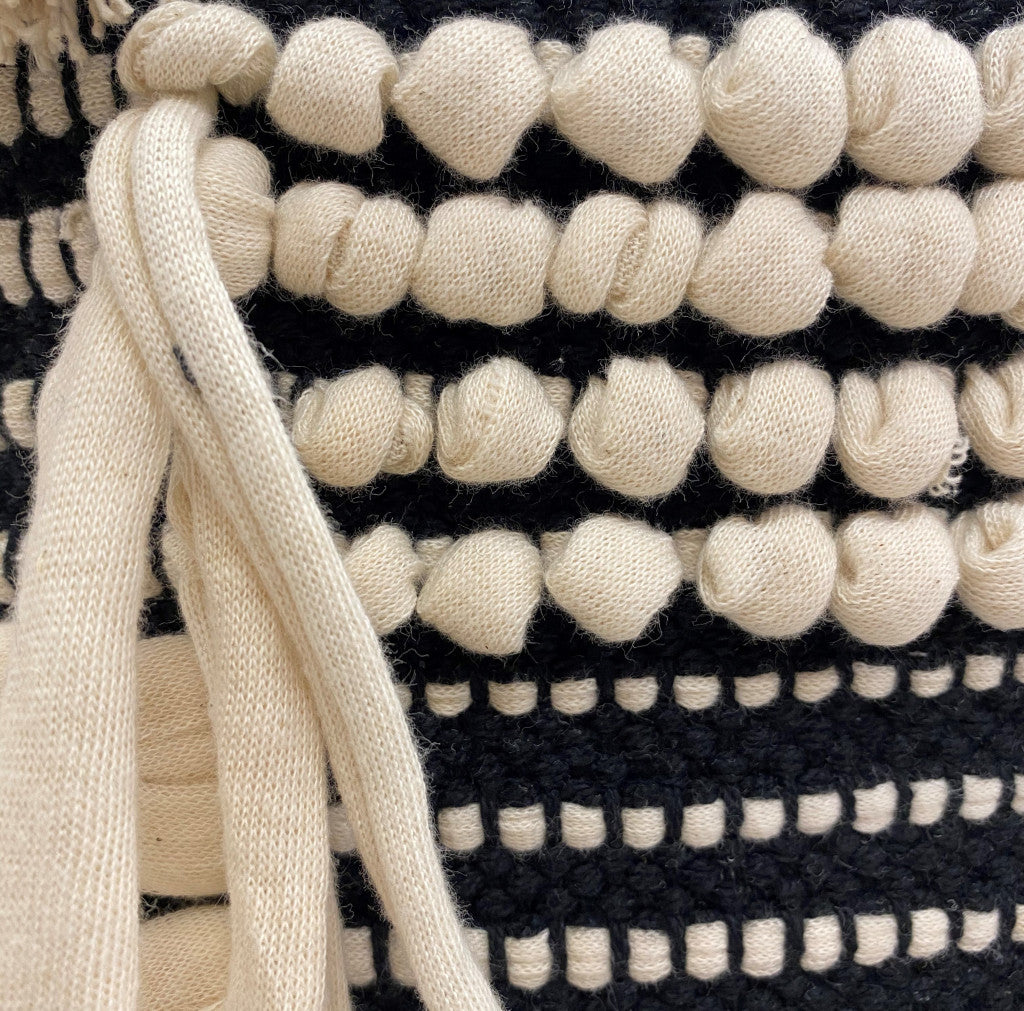 16" Beige And Black Cotton And Natural Round Striped Ottoman