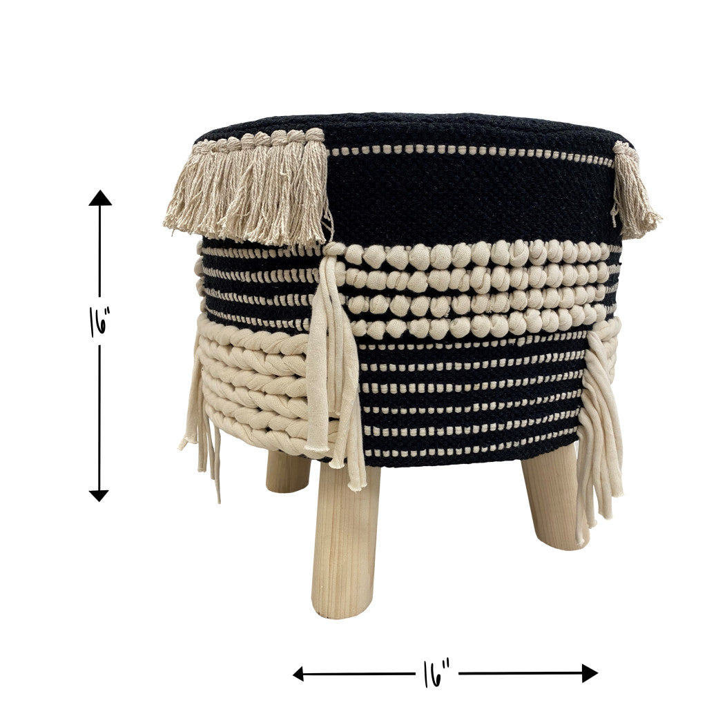 16" Beige And Black Cotton And Natural Round Striped Ottoman