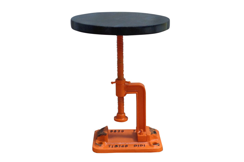 13" Orange and Black Round Industrial Adjustable Wood and Metal Stool