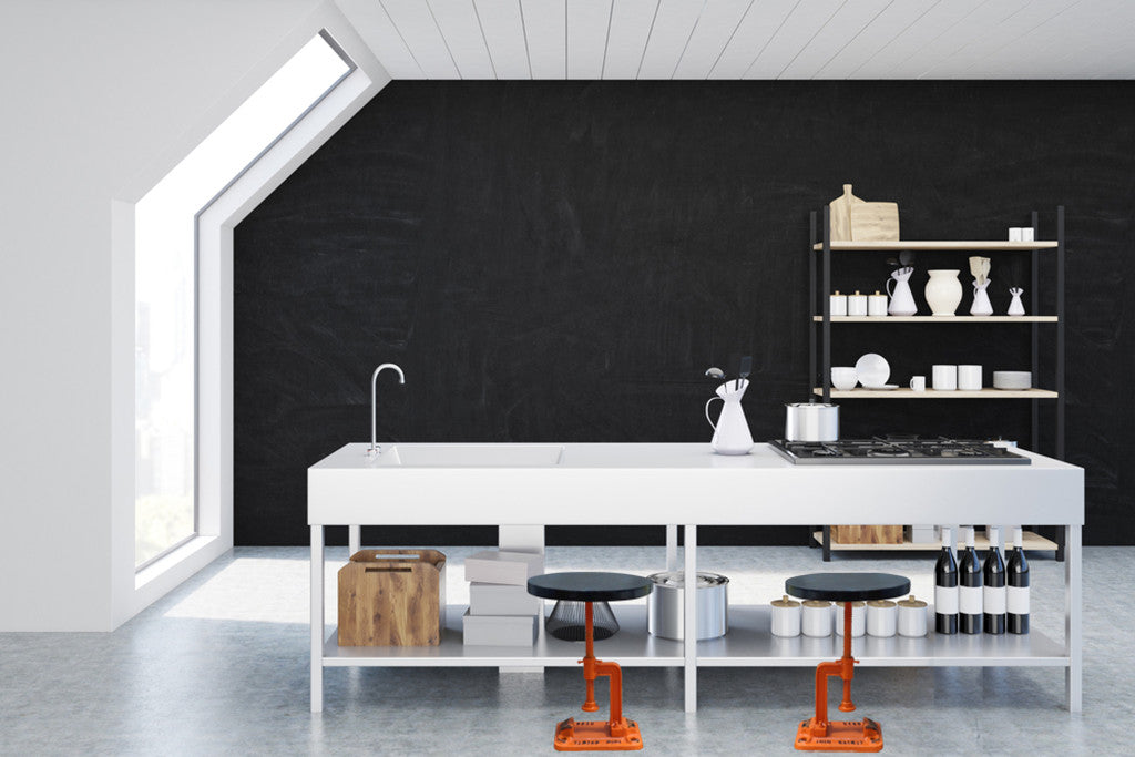 13" Orange and Black Round Industrial Adjustable Wood and Metal Stool