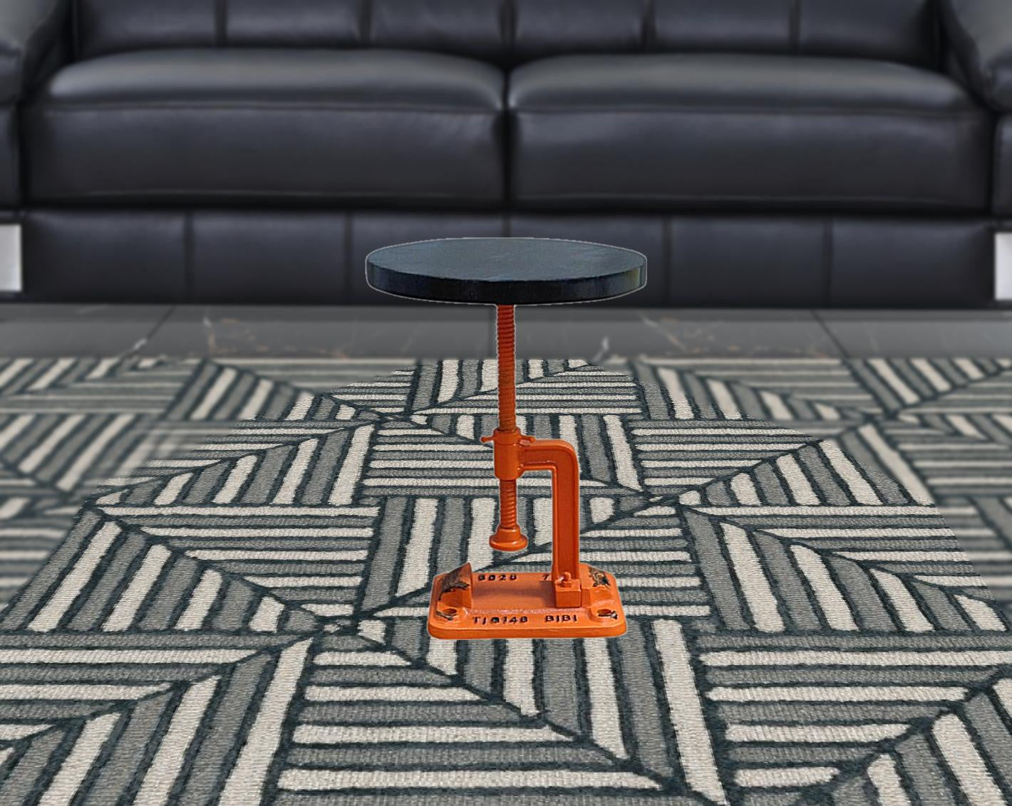 13" Orange and Black Round Industrial Adjustable Wood and Metal Stool