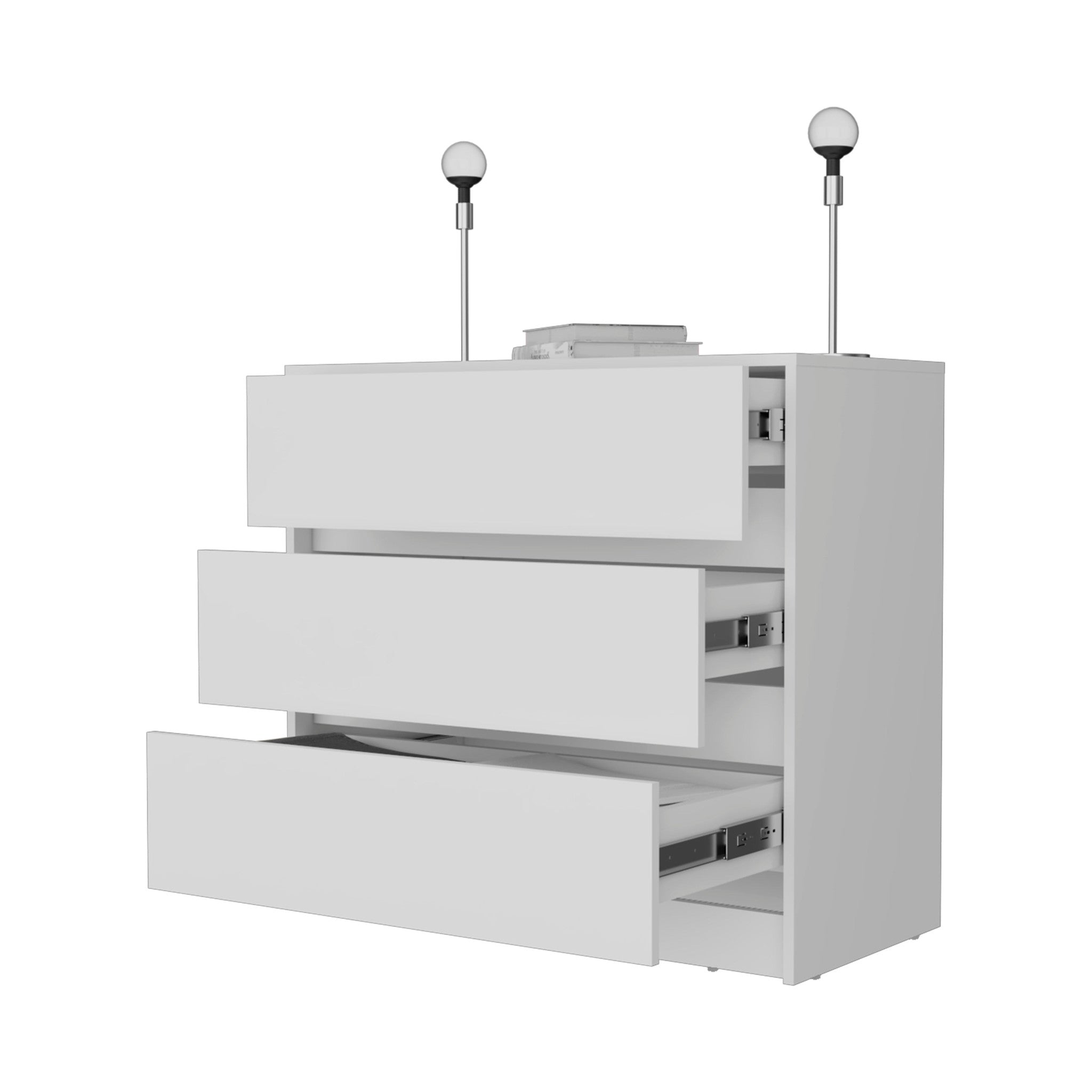 White Wood Three Drawer No Handles Dresser 33"