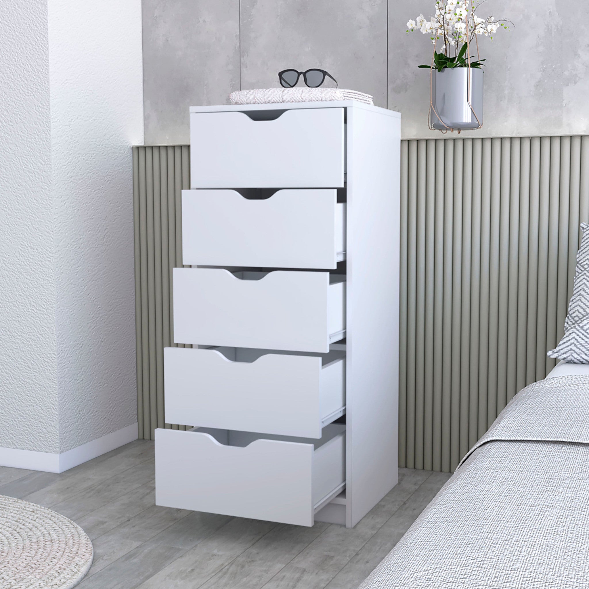 White Wood Five Drawer Narrow Dresser 18"