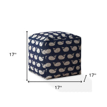 Pouf otomano de ballena de sarga azul y blanca de 17