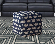 Pouf otomano de ballena de sarga azul y blanca de 17