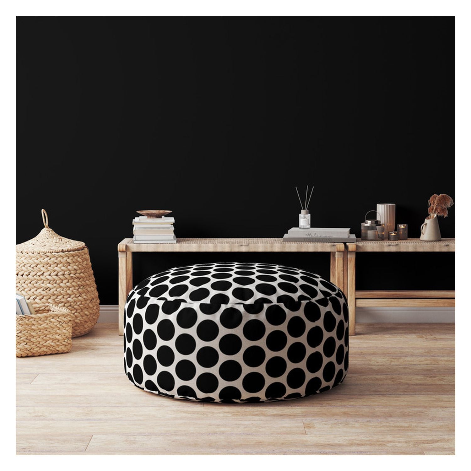 24" Black Cotton Round Polka Dots Pouf Ottoman