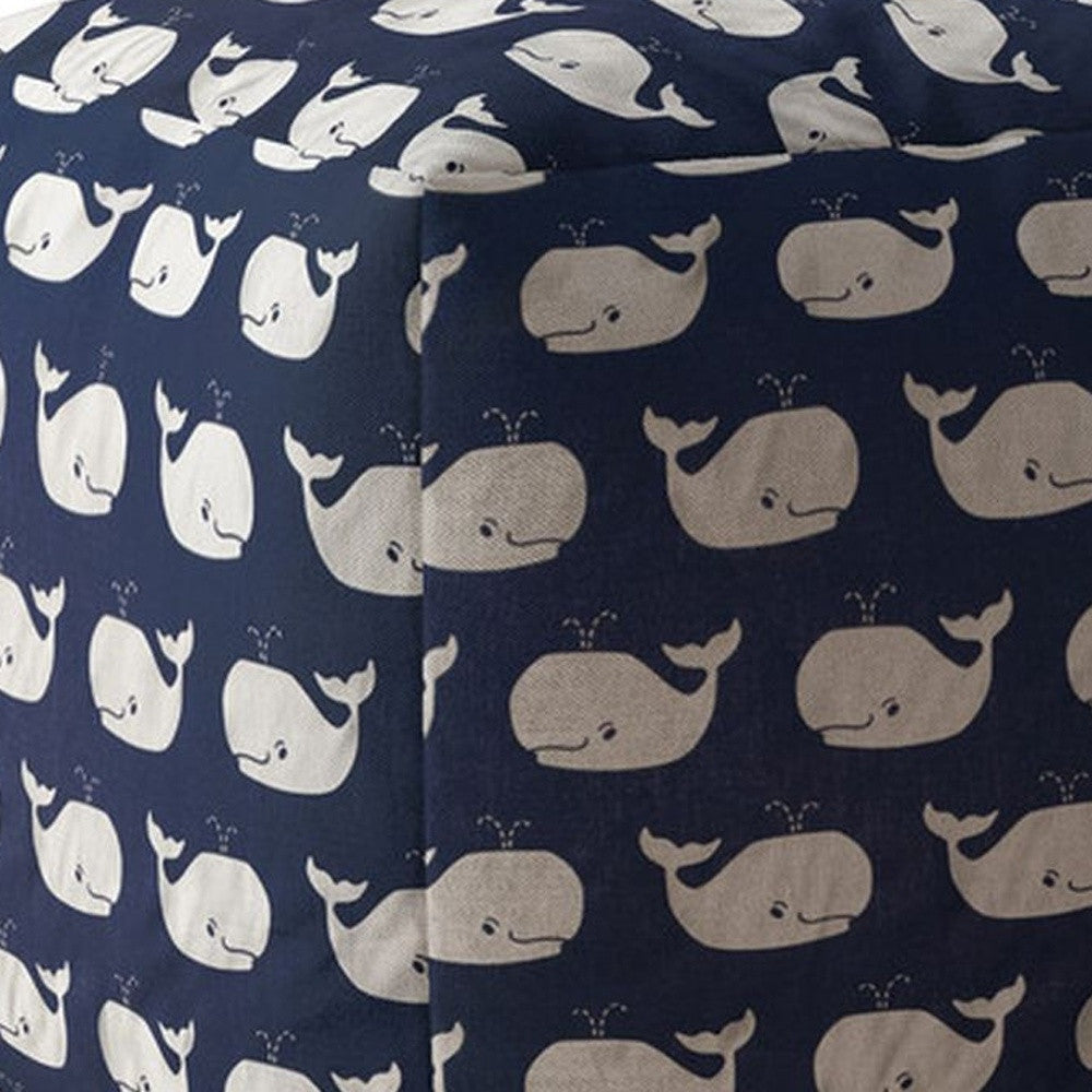 17" Blue And Grey Twill Animal Print Pouf Ottoman