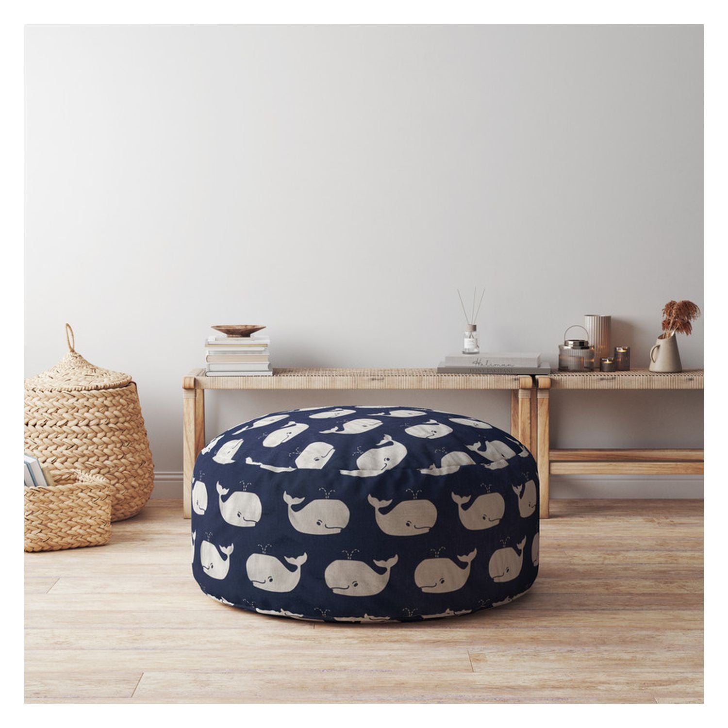 24" Blue And Grey Twill Round Animal Print Pouf Ottoman