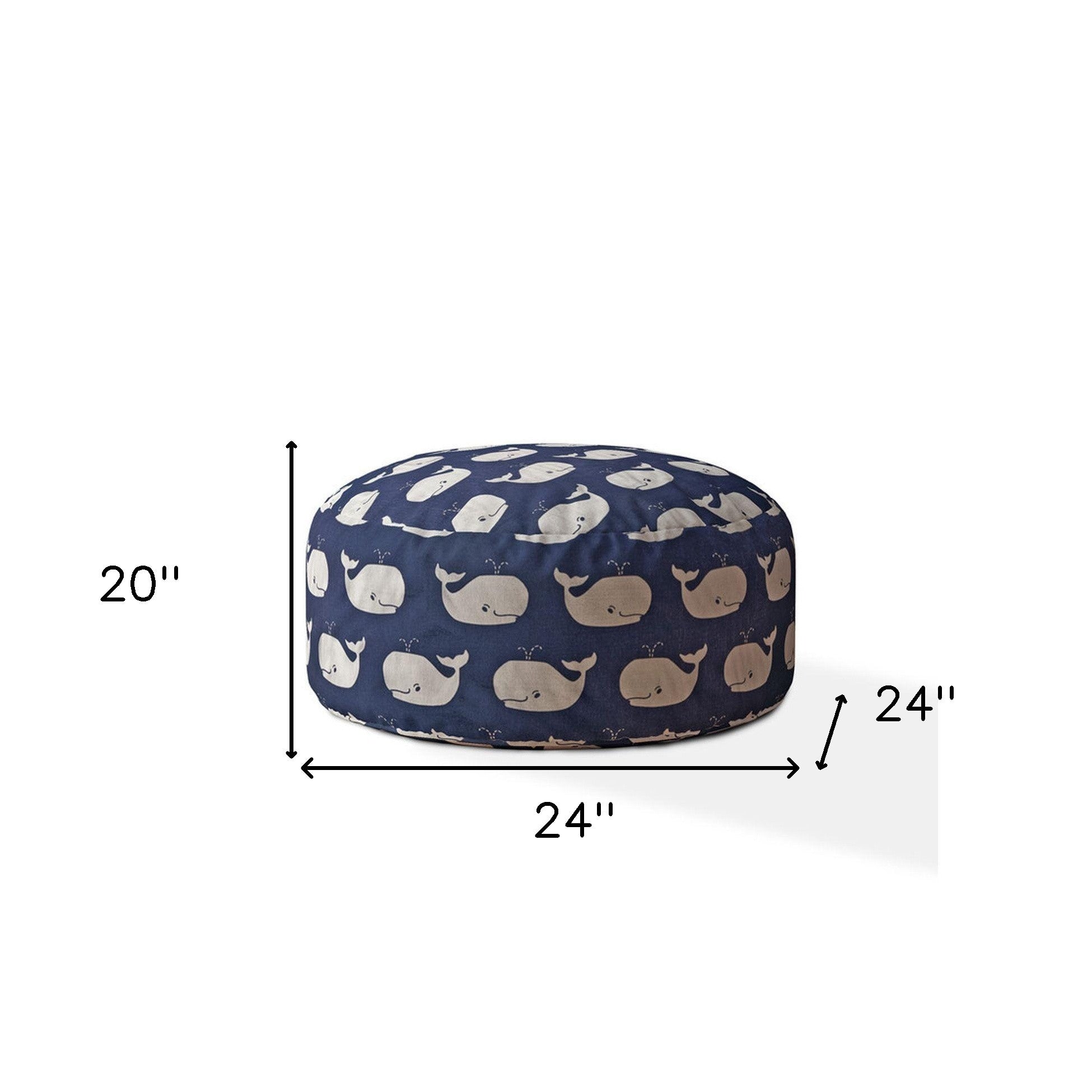 24" Blue And Grey Twill Round Animal Print Pouf Ottoman