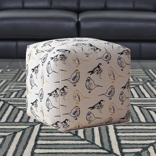 White And Yellow Canvas Animal Print Pouf Ottoman 17"