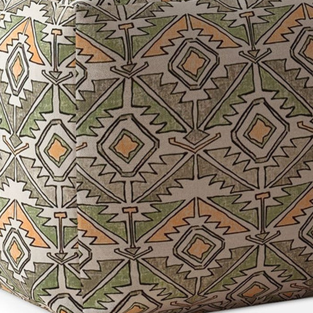 17" Orange And Green Cotton Damask Pouf Ottoman