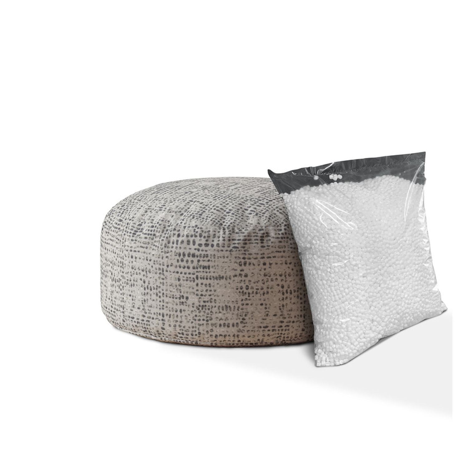 Puf otomano abstracto redondo de lona gris y negra de 24"