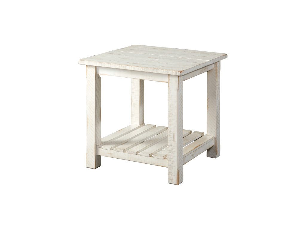 24" Rustic White Solid Wood Square End Table With Shelf