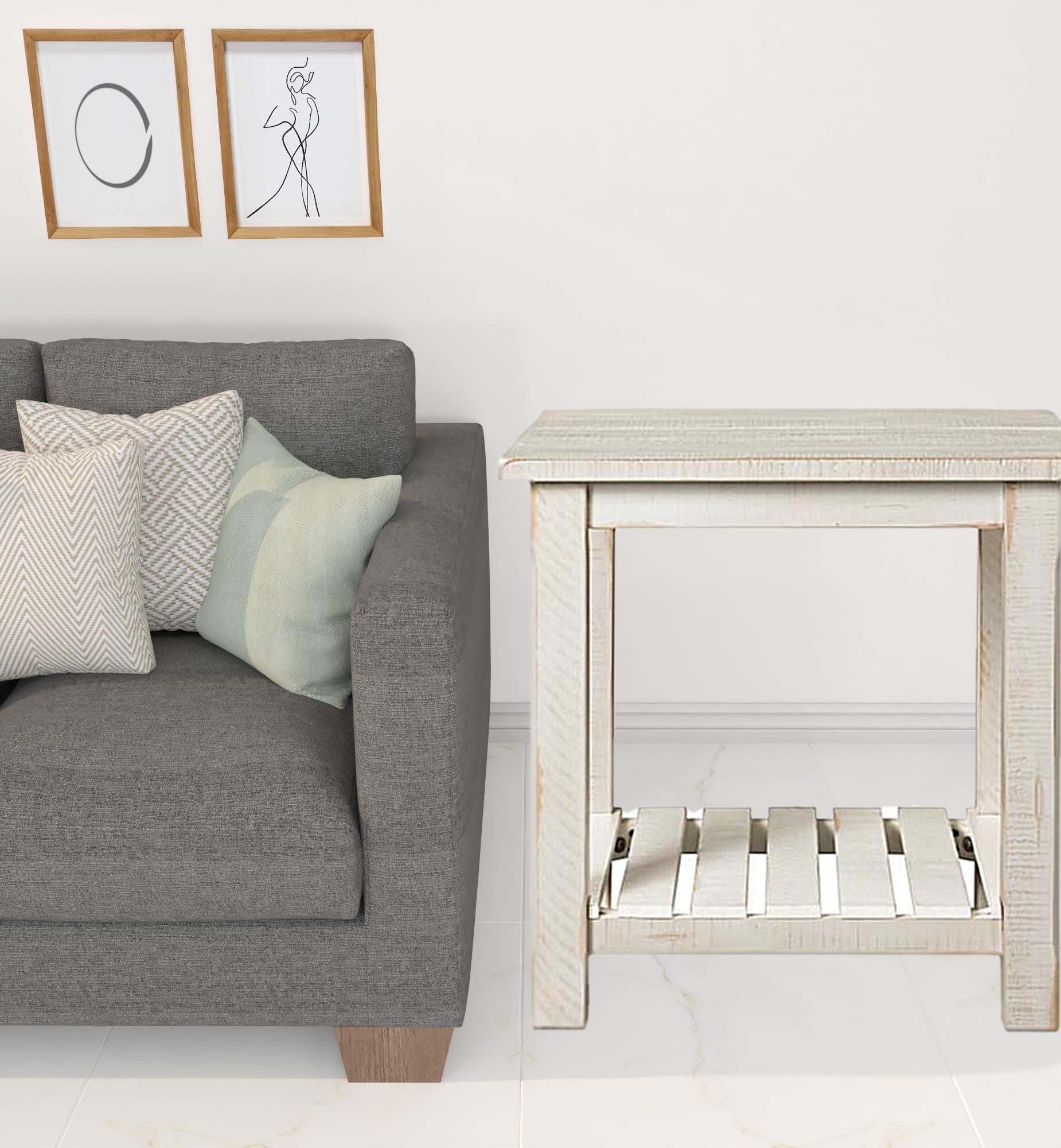 24" Rustic White Solid Wood Square End Table With Shelf