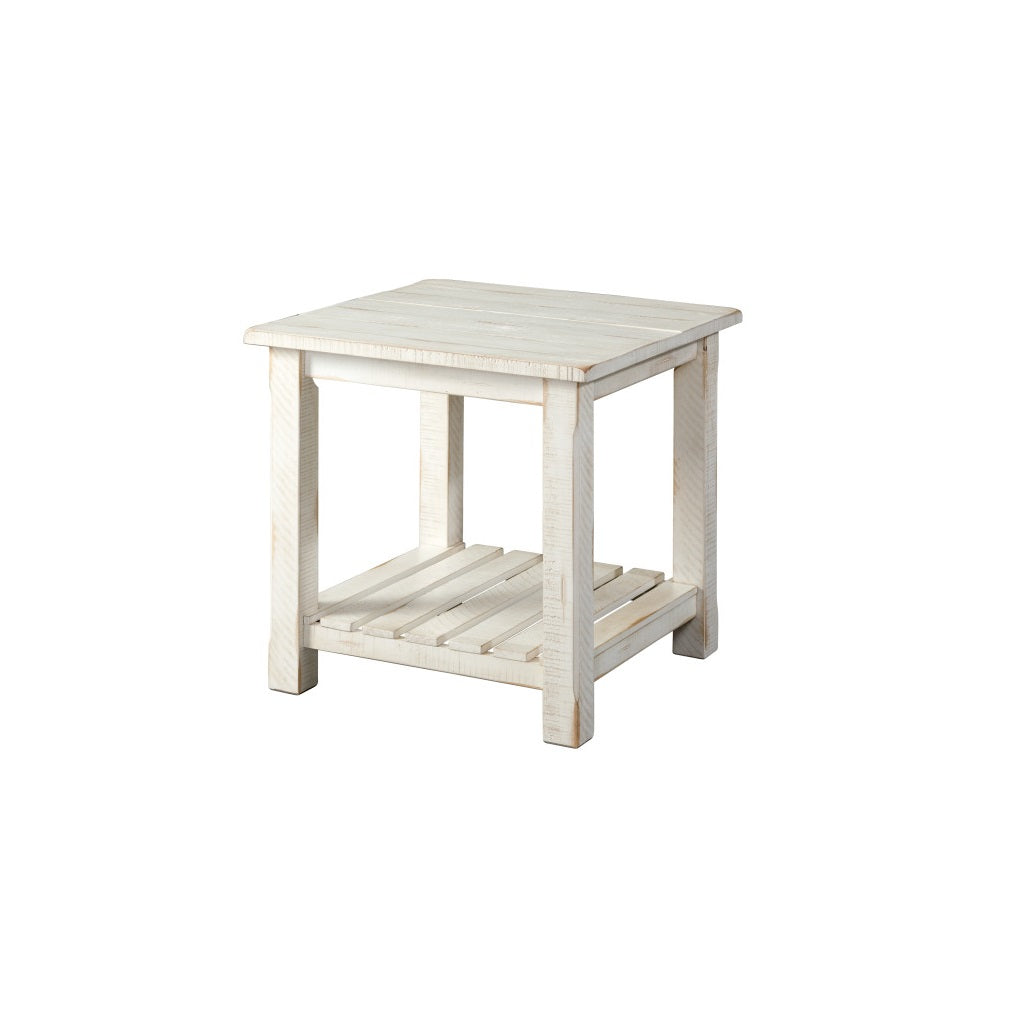 24" Rustic White Solid Wood Square End Table With Shelf