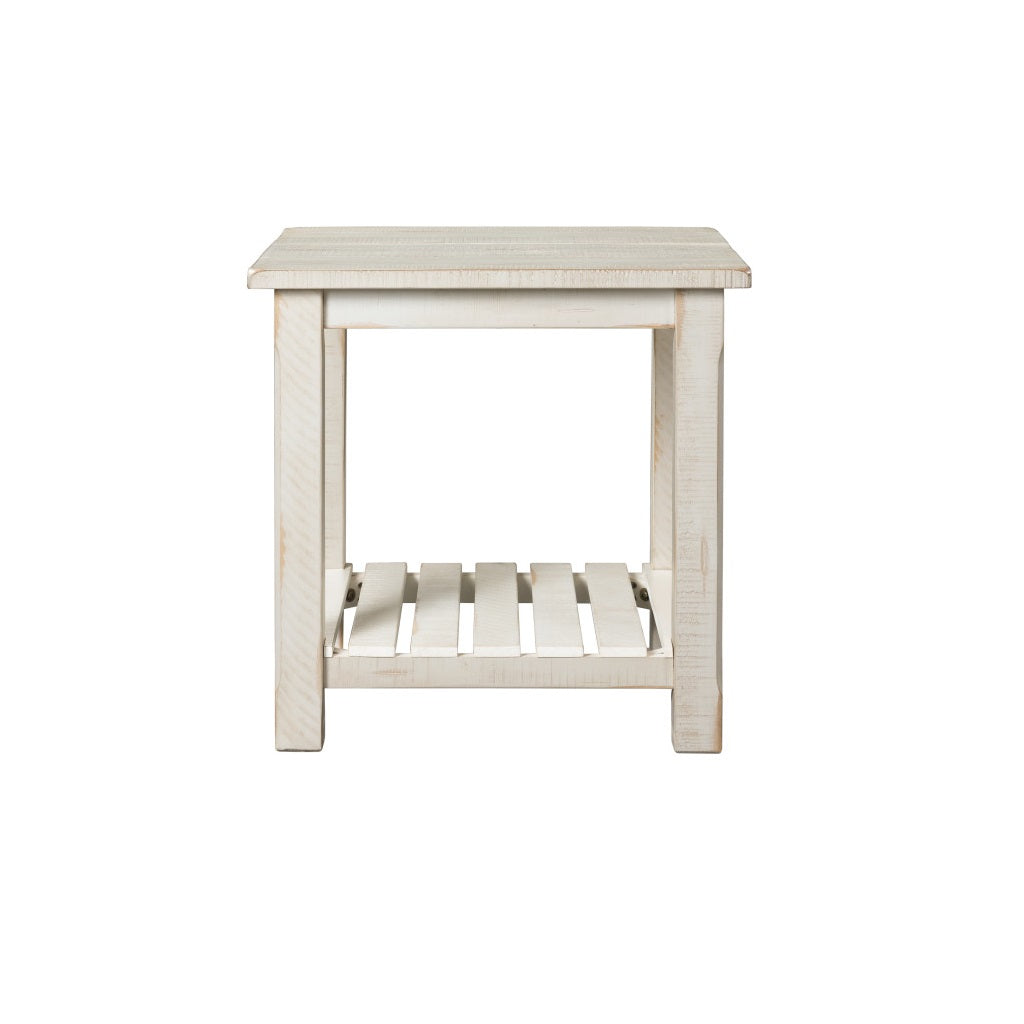 24" Rustic White Solid Wood Square End Table With Shelf