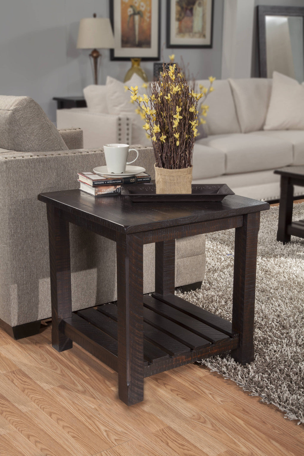 24" Rustic Espresso Solid Wood Square End Table With Shelf