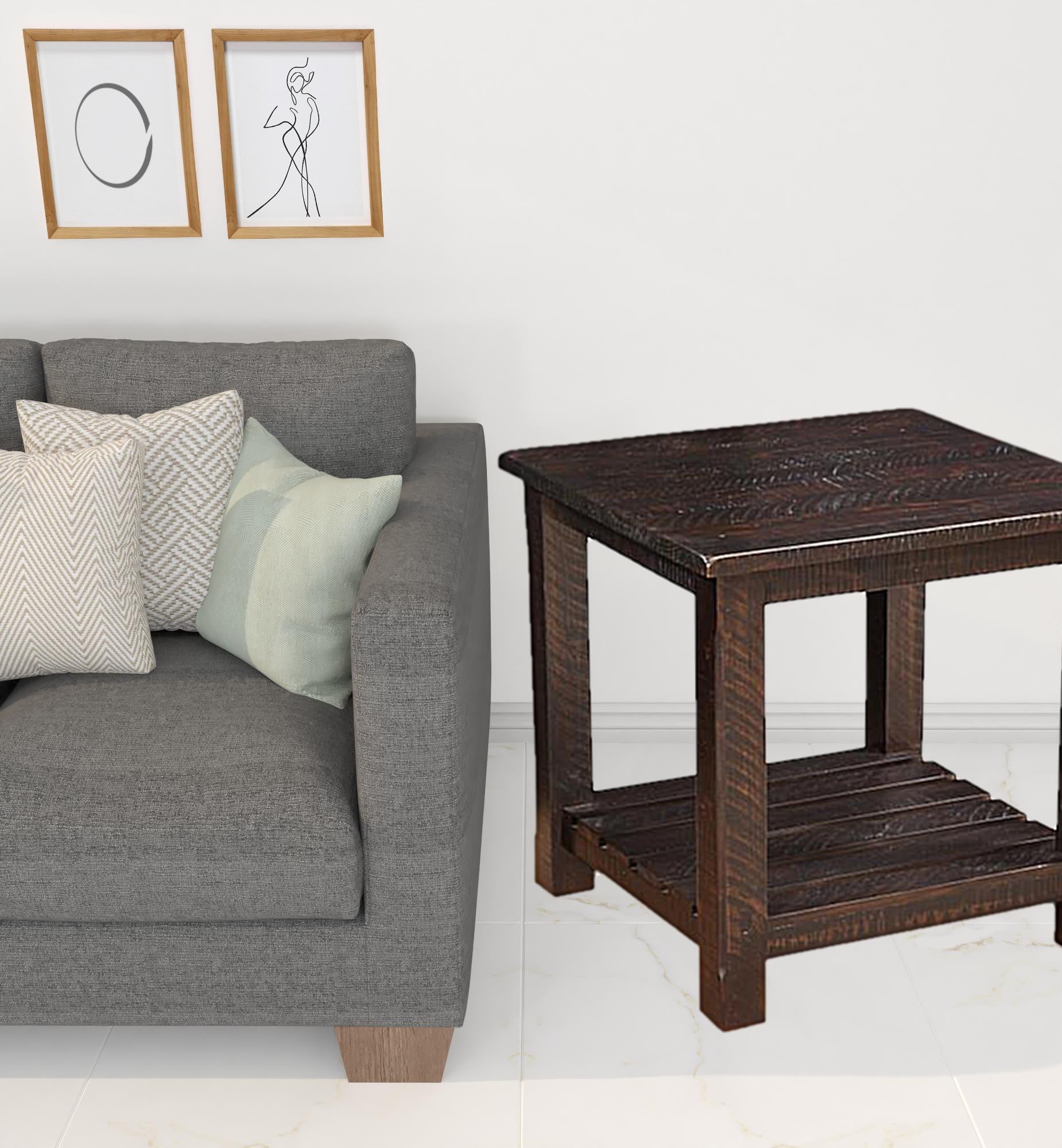 24" Rustic Espresso Solid Wood Square End Table With Shelf