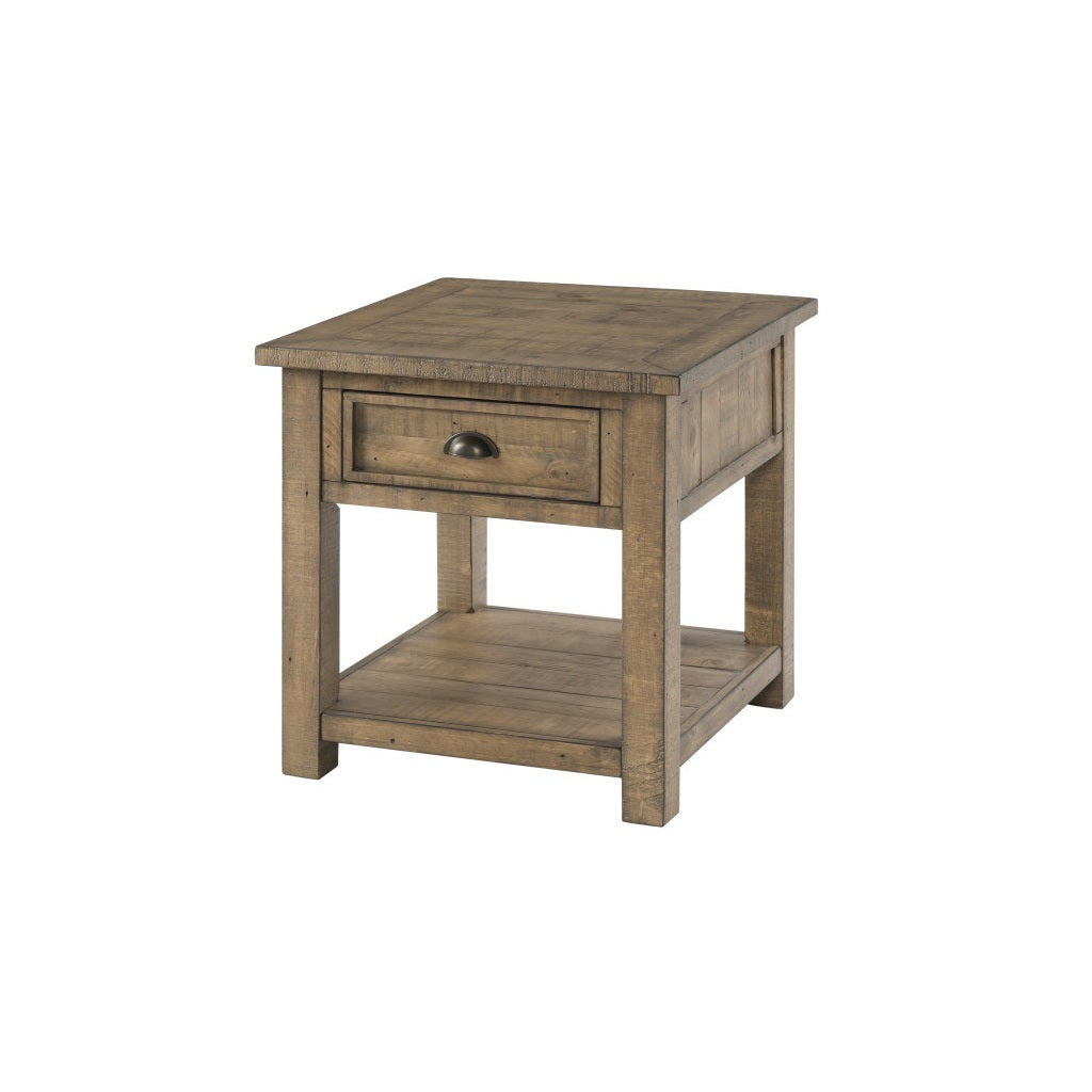 24" Reclaimed Natural Solid Wood Square End Table With Drawer And Shelf