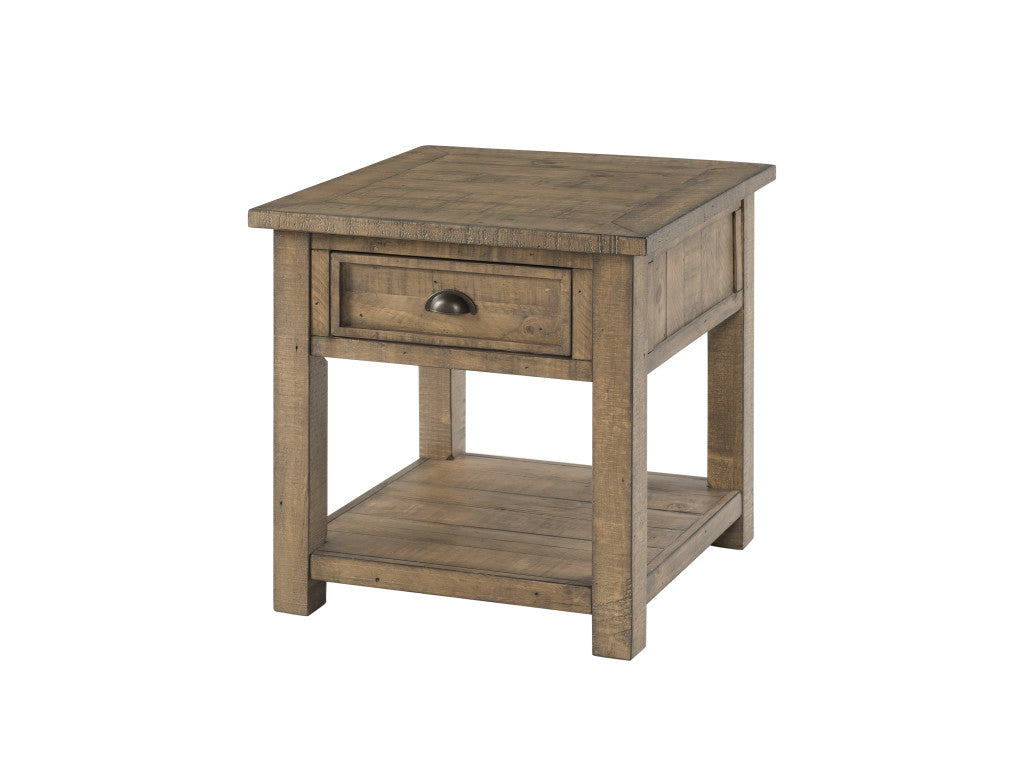 24" Reclaimed Natural Solid Wood Square End Table With Drawer And Shelf