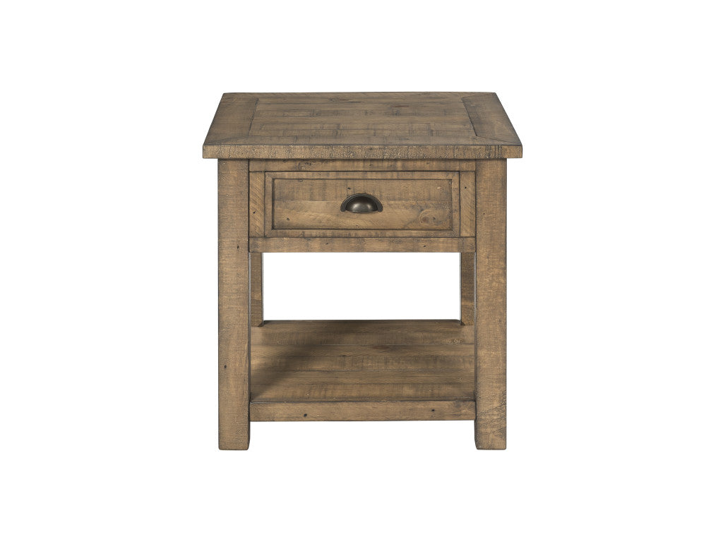 24" Reclaimed Natural Solid Wood Square End Table With Drawer And Shelf
